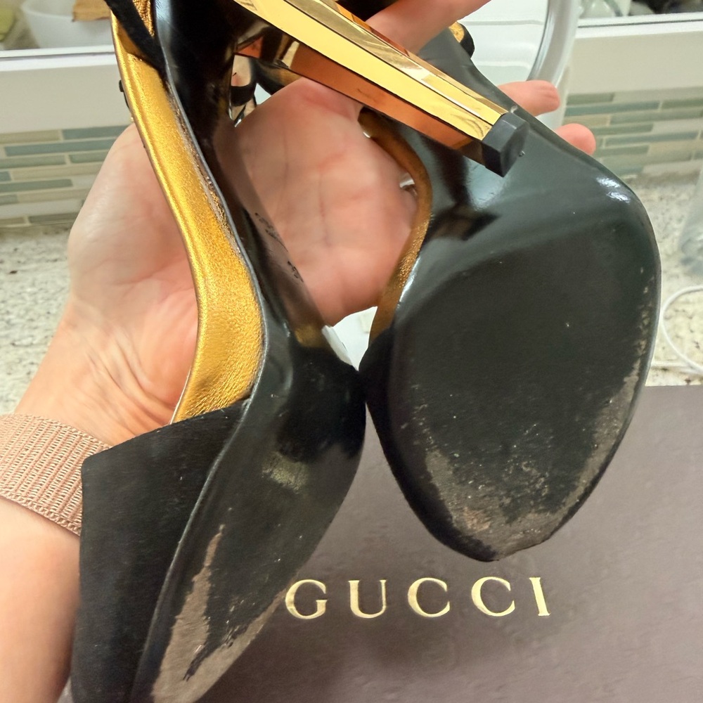 Gucci Black Suede and Gold Strappy Heels, 4 inch mirrored heel, peep toe. - Picture 8 of 12